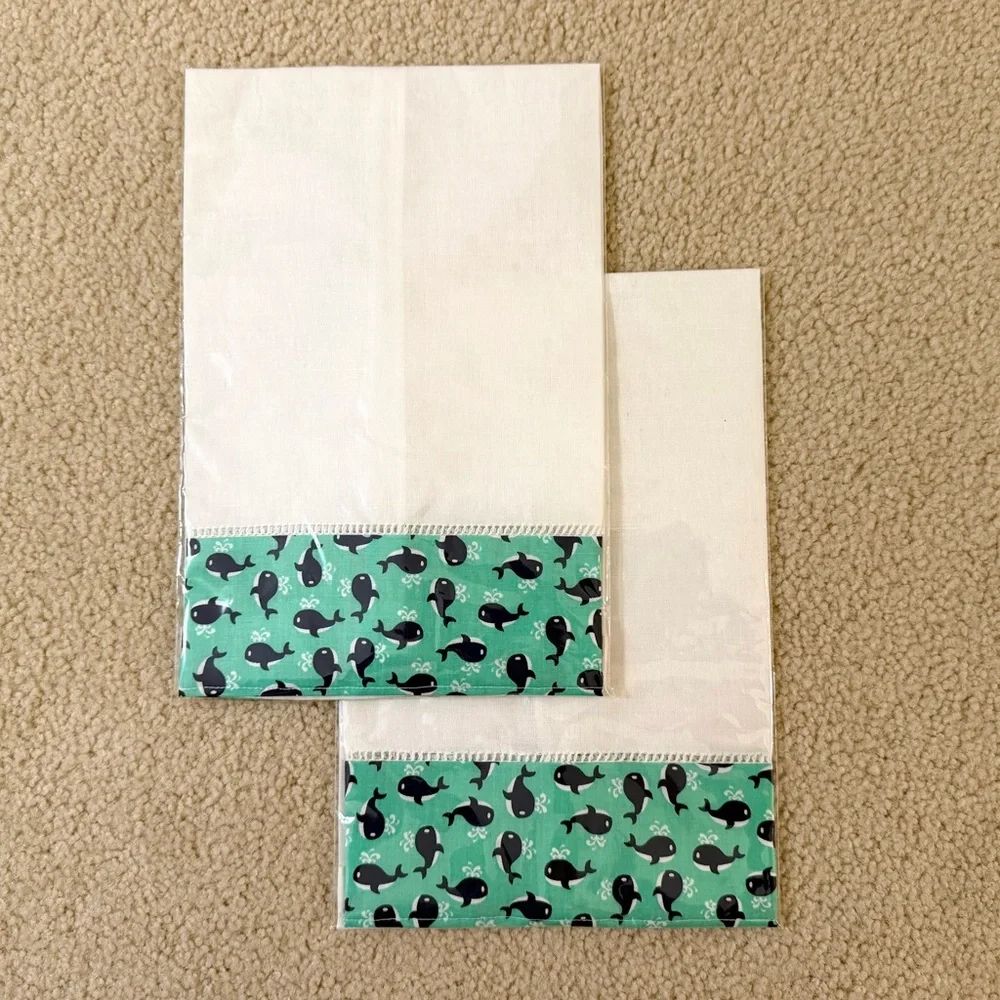 NEW 2 Linen Cotton Hand Towels - Whale Print